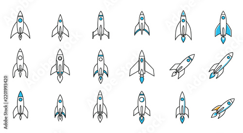 Set of various cartoon space rocket icons with blue details showing different ship designs on white background.