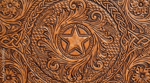Intricate Brown Leather Tooling with Star Design - Ornate Western Embroidery Texture
