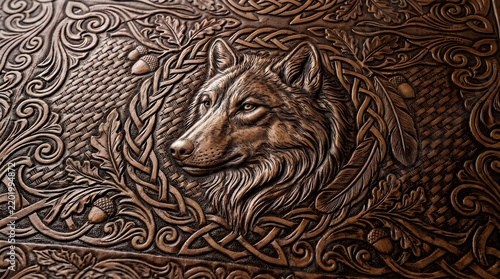 Intricate Celtic Wolf Head Carving with Knotwork Design - Dark Wood Texture for Branding and Artistic Projects