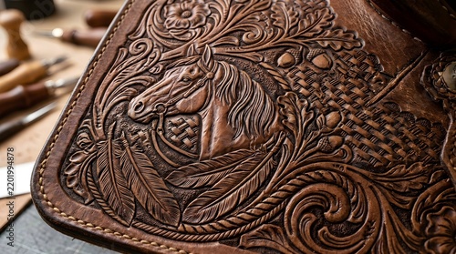 Intricate Hand-Tool Engraved Leather Texture with Ornate Floral and Geometric Patterns - Close-Up Detail