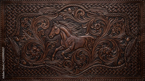 Elegant Dark Wood Carved Horse Relief Panel with Ornate Scrollwork Design for Luxury Branding