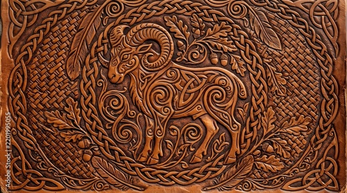 Intricate Celtic Knotwork Design with Stylized Ram or Goat Carving – Vintage Wooden Relief Art