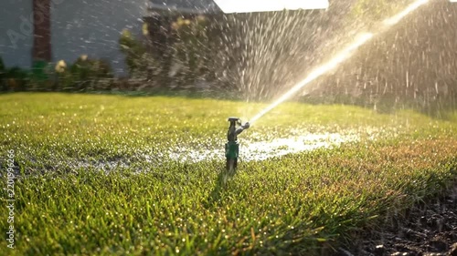 Automatic sprinkler system efficiently watering a vibrant green lawn in a sunny residential garden, creating refreshing water droplets that catch the light and contribute to lush outdoor landscaping