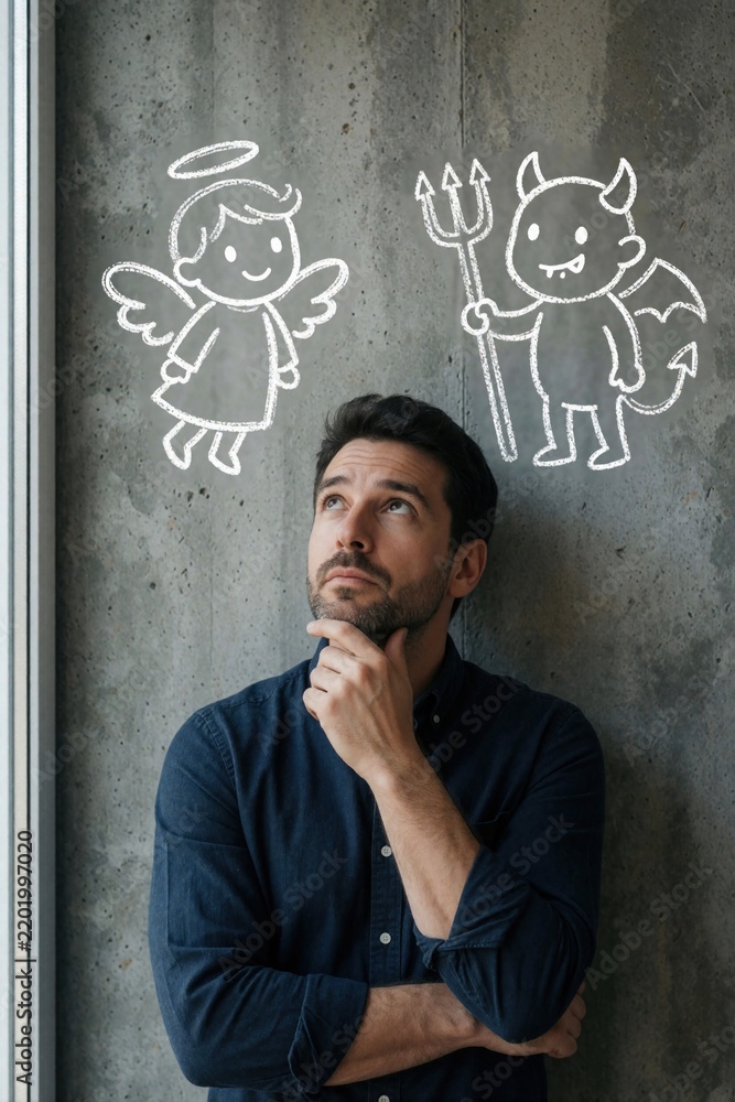 Fototapeta premium Man thinks about moral choice between white angel, devil drawings on concrete wall. Pensive male faces dilemma of good versus evil. Person contemplates ethical decision, temptation, conscience in
