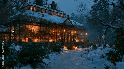 Illuminated Winter Conservatory Along a Snowy Garden Path