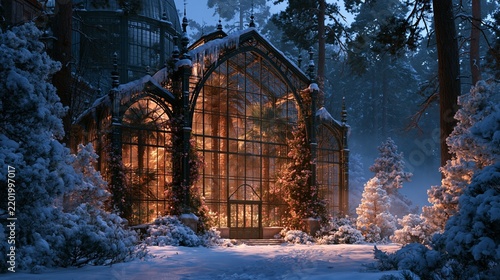 Moonlit Glasshouse Glowing Among Snowy Pine Trees