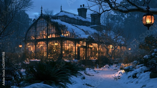 Candlelit Glass Conservatory in a Snowy Garden at Blue Hour