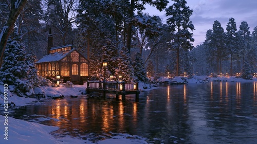 Warm Glasshouse Reflected in a Winter Pond at Dusk