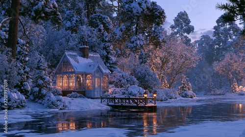Small Glasshouse Beside a Snowy Lake at Twilight