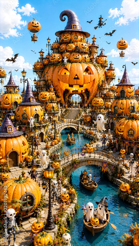 Obraz premium Whimsical Halloween pumpkin city features ghosts, skeletons, witches, bats, canals, bridges, and bright festive decorations.