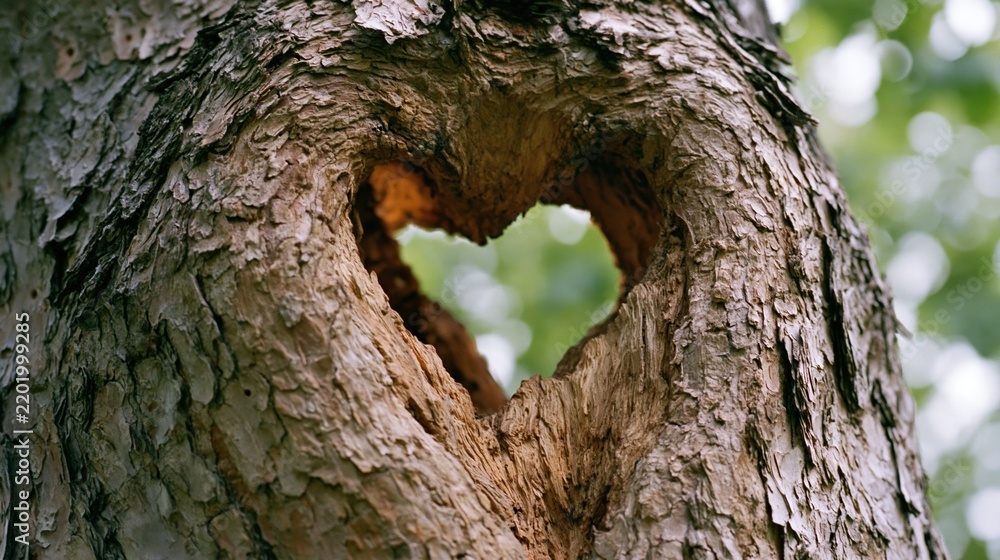 Fototapeta premium Close-up of a heart-shaped hollow in a rough tree trunk with green foliage visible through it