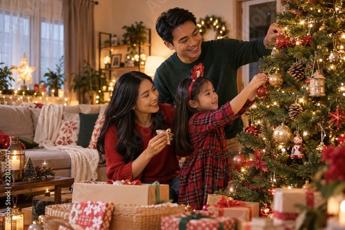 Family Decorating Christmas Tree at Home