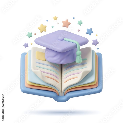 3D graduation cap on open book with colorful stars isolated on white
