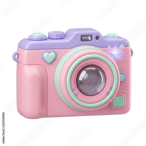 Cute pastel pink and purple toy camera with sparkles on white
