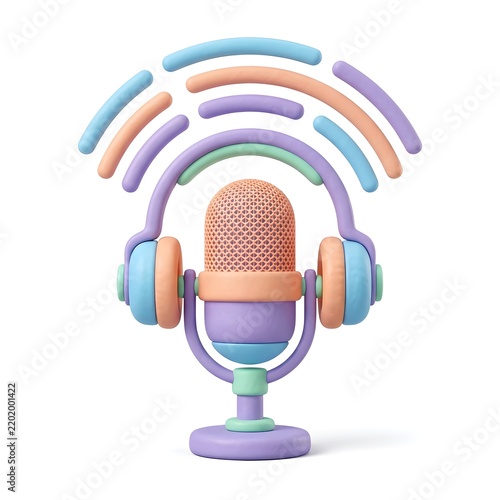 3D render of pastel microphone and headphones with sound waves