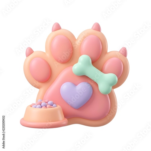 3D render of cute pet paw with bone, heart, and food bowl