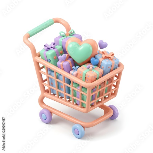 3D Shopping Cart Filled with Pastel Gift Boxes and Hearts