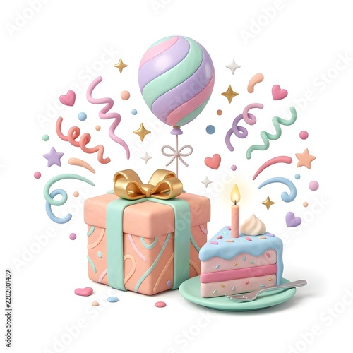 3D birthday cake slice, gift box and balloon celebration