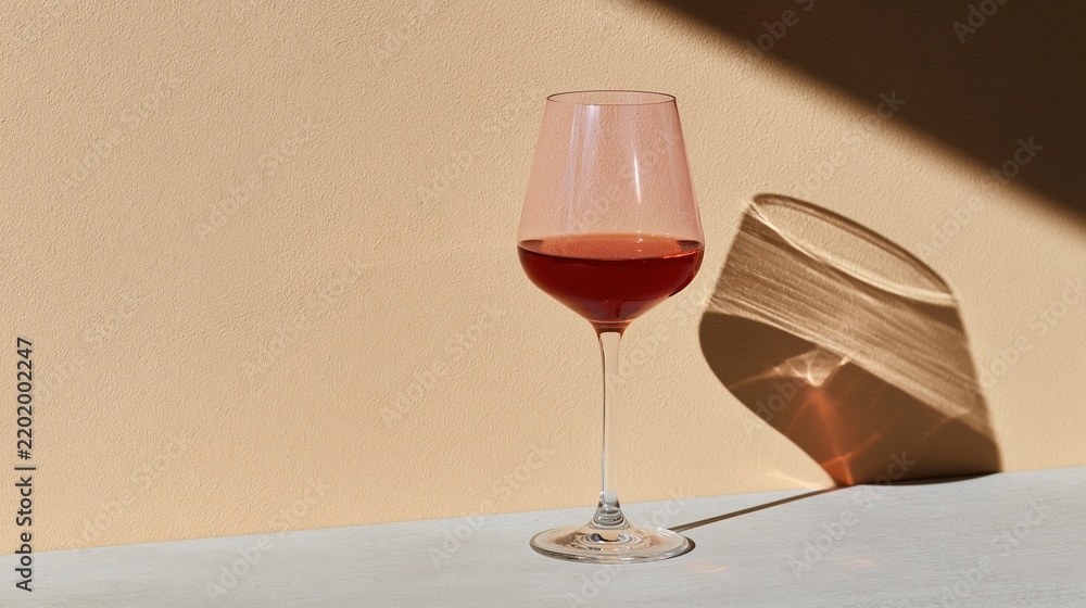 Obraz premium A stemmed wine glass half-filled with red wine on a table under sunlight casting a shadow