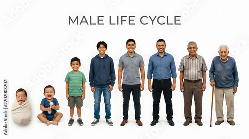 A series of men showing the male life cycle, from infancy to old age. The images display a baby wrapped in a blanket, a toddler, a young boy, a teenager, a young adult, a middle-aged man.