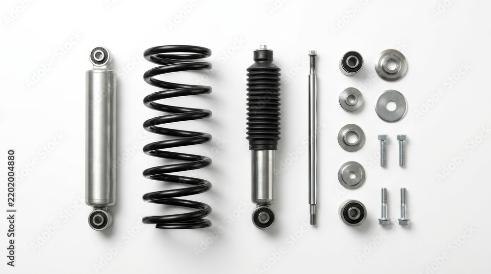 Fototapeta premium Automotive car shock absorber with coil spring and various hardware components on white background.