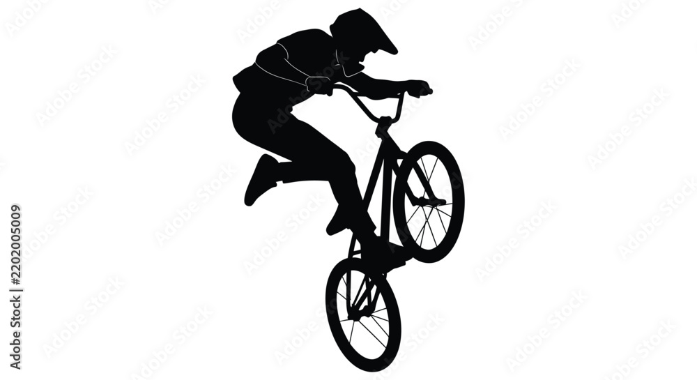 Obraz premium Silhouette of a cyclist performing a trick on a bmx bike against a white background