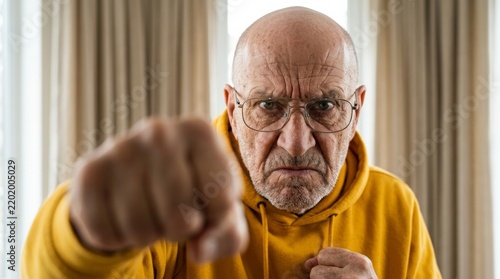 Angry caucasian man wearing eyeglasses and showing a clenched fist in a portrait.