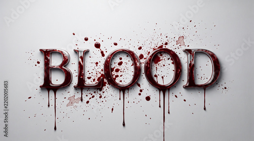 Large BLOOD lettering formed from dark crimson and reflective metal on a clean light-gray background, red splashes and dripping stains scattered across and behind the typography, horror title, bloody 