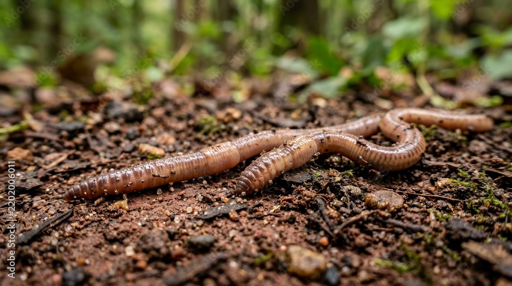 Fototapeta premium Two earthworms crawling on wet reddish-brown soil in a close-up view.