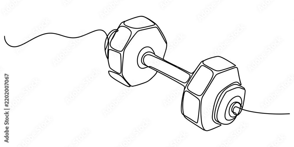 Fototapeta premium Continuous single line drawing of a dumbbell gym weight equipment for fitness and bodybuilding isolated on a white background Vector, illustration