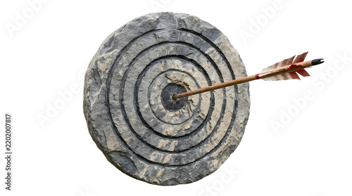 A stone target with an arrow hitting the bullseye, symbolizing achievement and accuracy