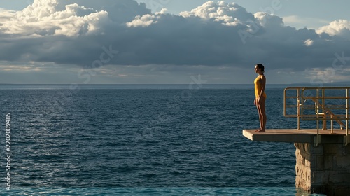 Young woman in yellow swimsuit stands on diving board ready to jump into ocean sea pier during summer day Generative AI