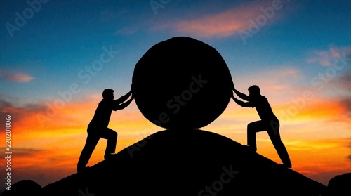 Two men push huge boulder uphill against vibrant sunset sky. Silhouetted figures exert great effort, struggle, perseverance toward common goal. Team effort signifies shared challenge, strength.
