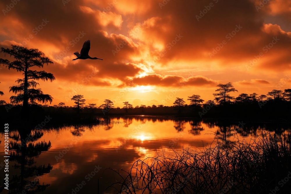 Fototapeta premium Silhouette of bird flying over water at vibrant orange sunrise. Cypress trees line lake shore, reflecting in calm water body. Peaceful morning nature scene.
