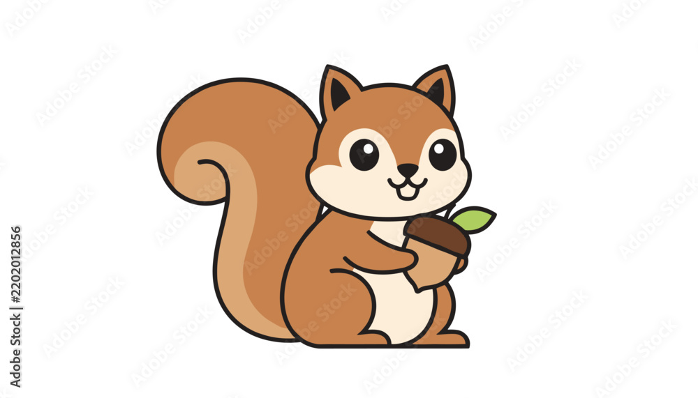 Fototapeta premium Cute cartoon squirrel holding an acorn with a tiny leaf on a white background makes an adorable woodland animal character illustration.