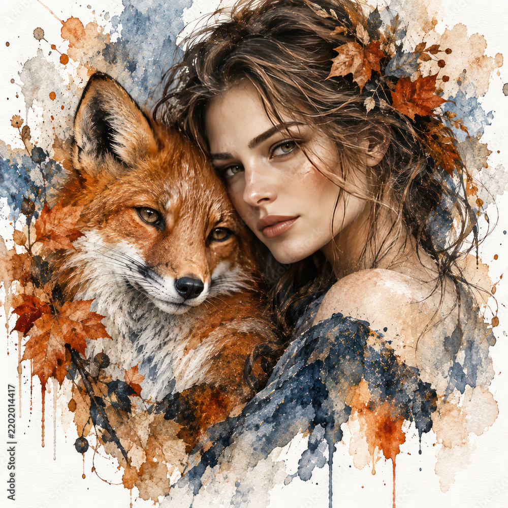 Obraz premium Woman and Red Fox Watercolor Portrait with Autumn Leaves