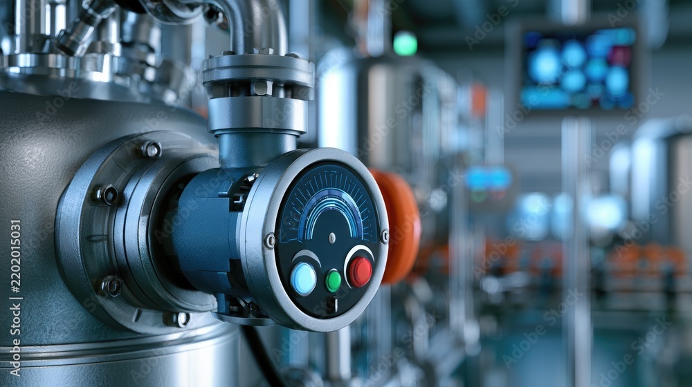 Fototapeta premium Industrial Equipment with Pressure Gauge in Modern Facility Featuring Advanced Technology and Control Systems for Manufacturing Operations