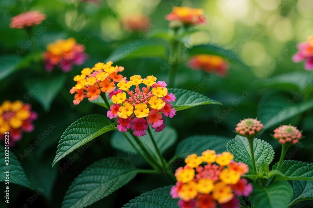 Obraz premium Close up of multicolored Lantana camara flowers blooming in garden. Bright orange pink, yellow blossoms grow on green leafy shrub. Tropical West Indian lantana plant creates colorful natural