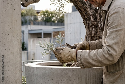 Gardener in protective work gloves carefully pruning an olive tree branch with secateurs on a modern outdoor terrace