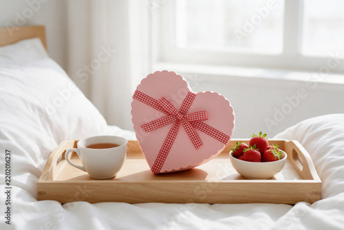 Upright pink heart gift box between tea cup and strawberries on tray