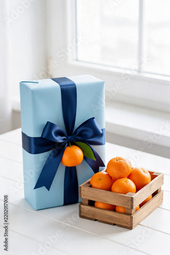 Light blue gift with navy satin bow and tangerine beside fruit crate