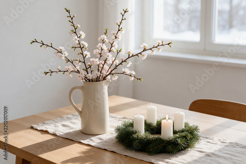 Blooming Barbara branches in cream pitcher and Advent wreath on table