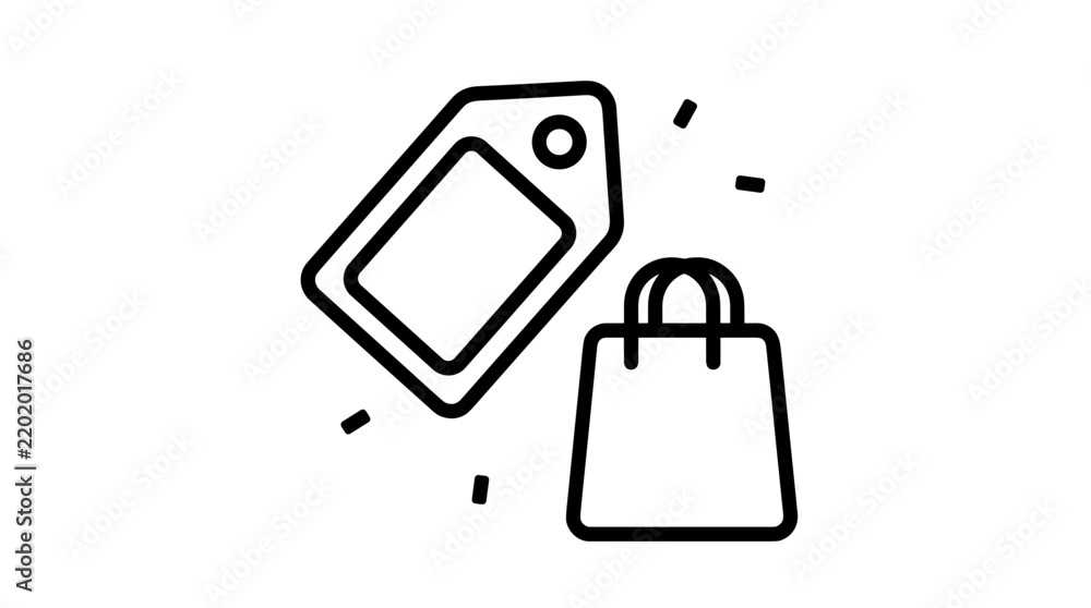 Fototapeta premium Black outline illustration of a shopping bag and price tag with small dashes, isolated on white background