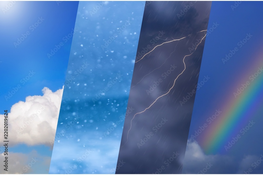 Obraz premium Weather collage featuring sunshine, clouds, snowfall, lightning, rain, and rainbow, representing diverse atmospheric conditions.