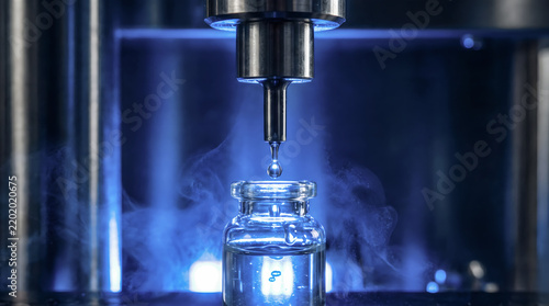 Pharmaceutical vial receiving liquid from stainless steel filling nozzle in sterile production chamber
