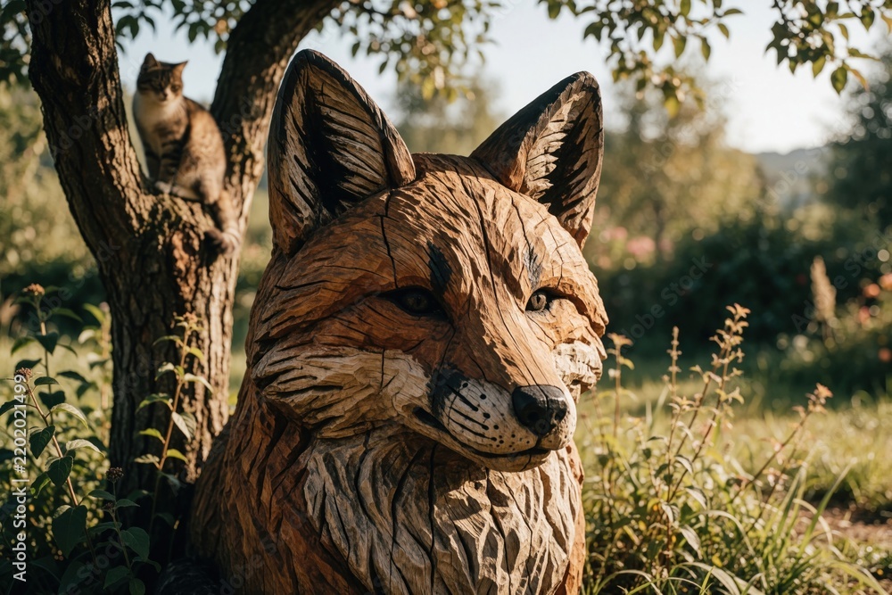 Obraz premium Large wooden fox sculpture sits in garden. Hand carved timber animal head decoration in backyard. Small tabby cat sits on tree branch behind art piece. Sunny day in park with green plants, foliage.