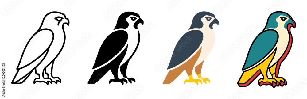 Fototapeta premium Falcon bird icons in different visual styles including outline silhouette flat and vintage Egyptian hieroglyphic design for graphic elements