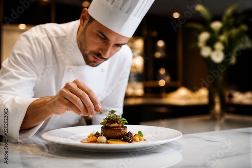 Chef plating gourmet dish in professional restaurant kitchen