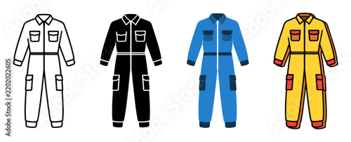 Protective workwear jumpsuit and overalls icon set showing industrial mechanic uniform, safety equipment boiler suit, and construction worker protective clothing in different graphic styles