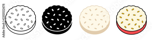 Sesame bun and rice bowl food icons presented in line art, silhouette, and colored flat vector styles for restaurant menu design